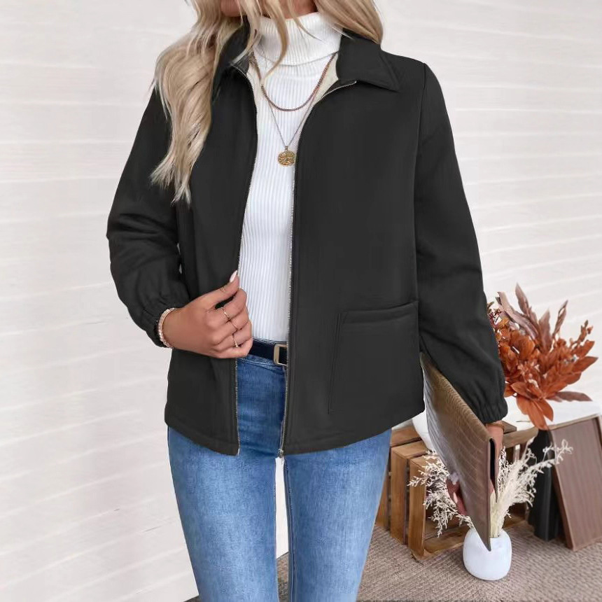 Women's Elegant Zip-Up Collared Pocket Short Jacket Bomber