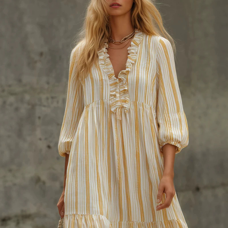 Yellow Striped Ruffle V-Neck Long Dress