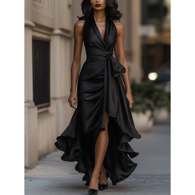 Satin V-Neck Sleeveless Ruched Ruffle Dress