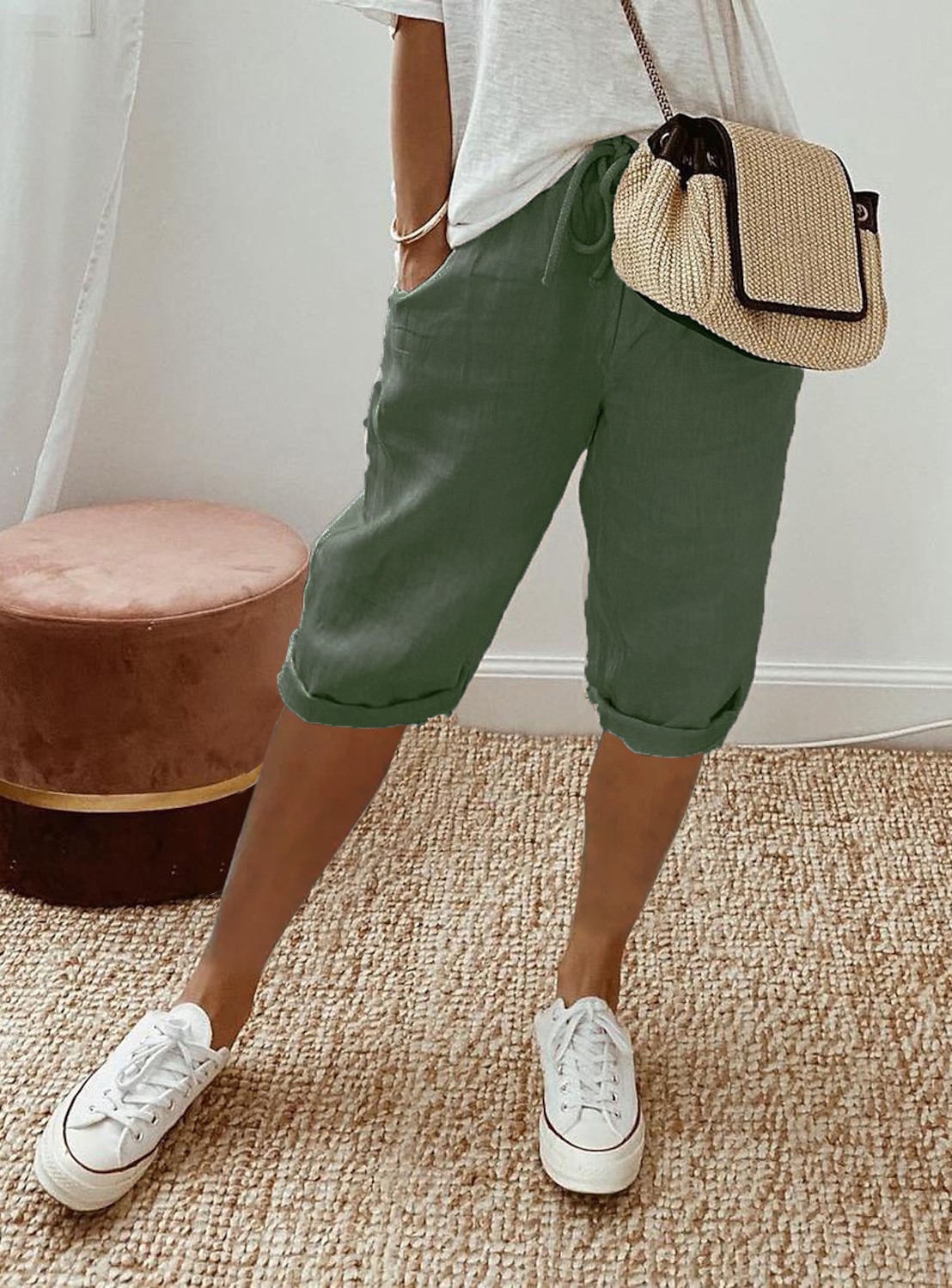 Women's Cotton Linen Elastic Waist Casual Shorts with Pockets