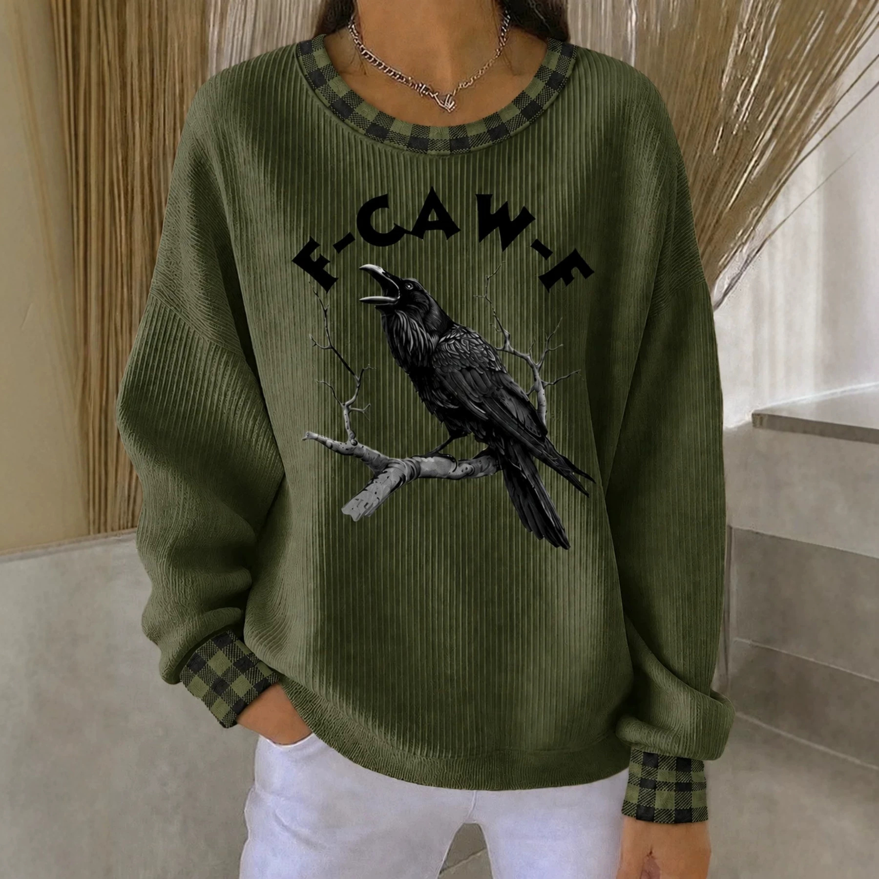 Crow Plaid Print Raw Edge Crewneck Long Sleeve Pullover Sweatshirt