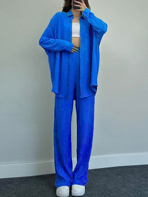 Women's Loose Stretch Crinkle Long Sleeve Shirt & Wide Leg Pants Casual 2-Piece Set