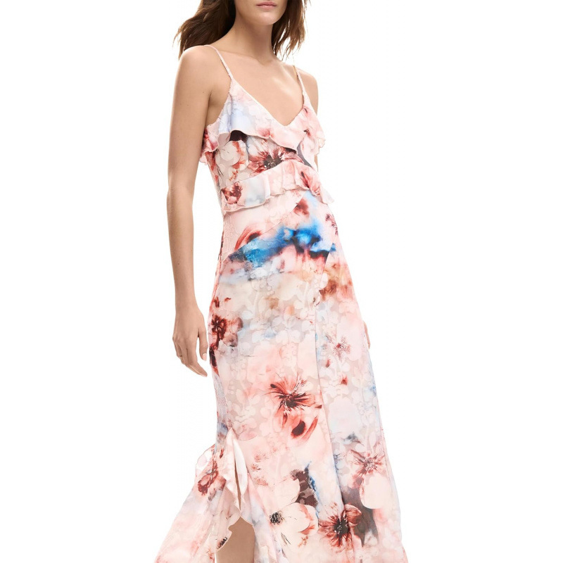 Pink Sleeveless Midi Dress with One-Shoulder Neckline and Asymmetrical Hem