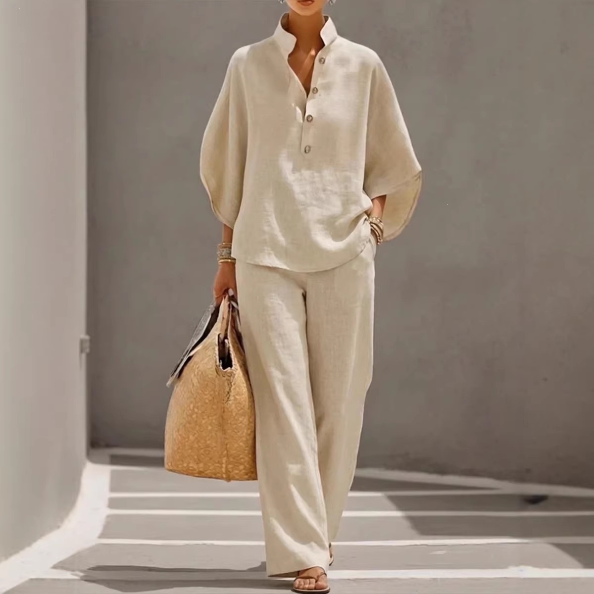 Women's Casual Solid Color Shirt and Pants Set