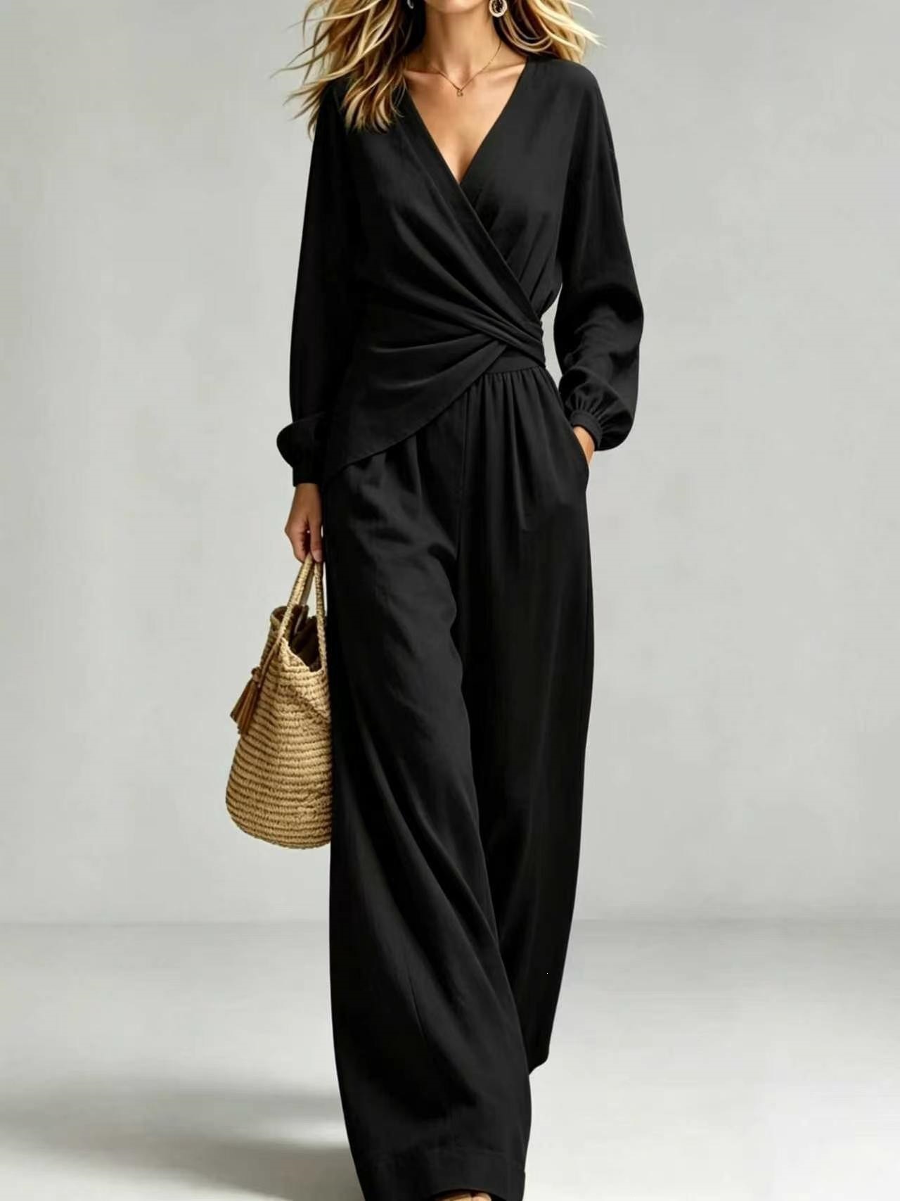 Women's Puff Sleeve Two-Piece Pant Set Slimming Elegant