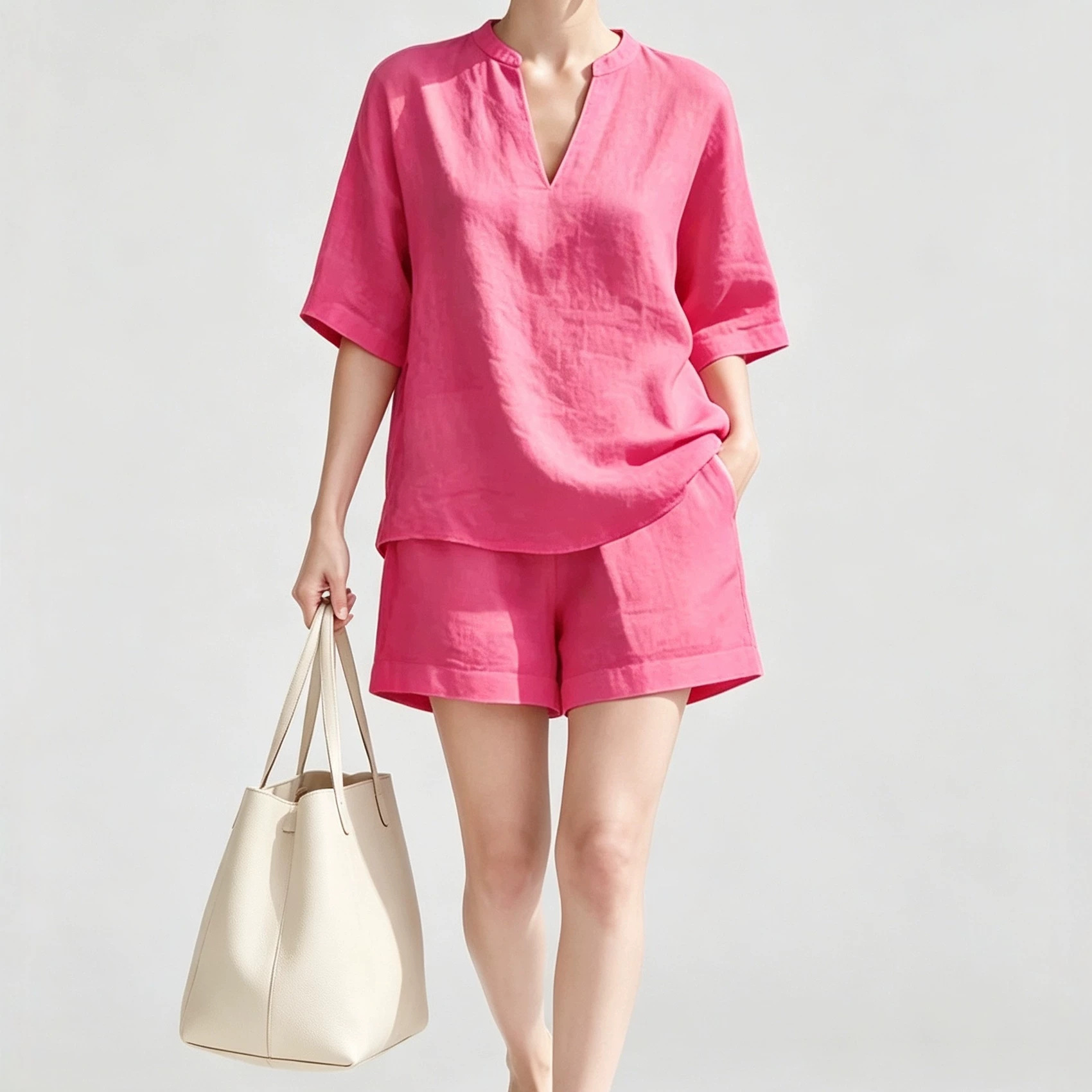 Solid V-Neck Linen-Blend Top and Shorts Two-Piece Set
