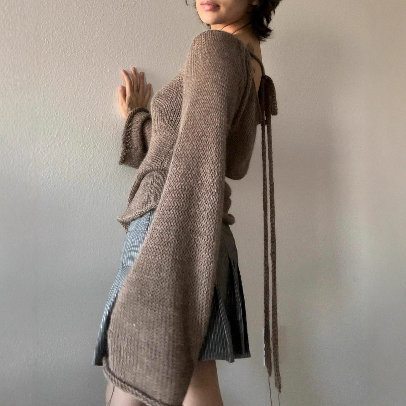 Women's Flared Sleeve Tie-Back Open Back Knit Top