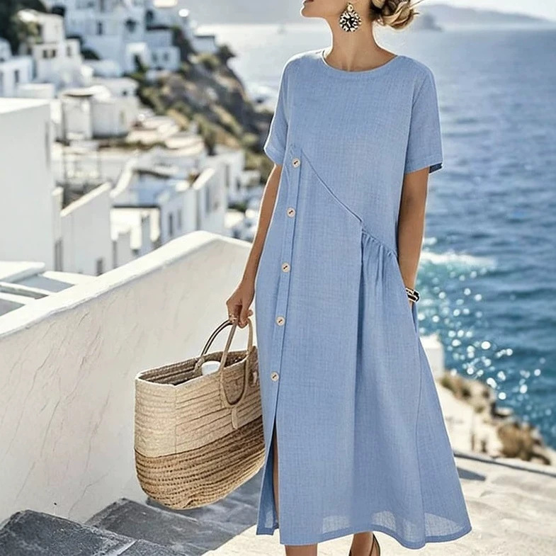 Casual Button-Trim Midi Dress with Pockets