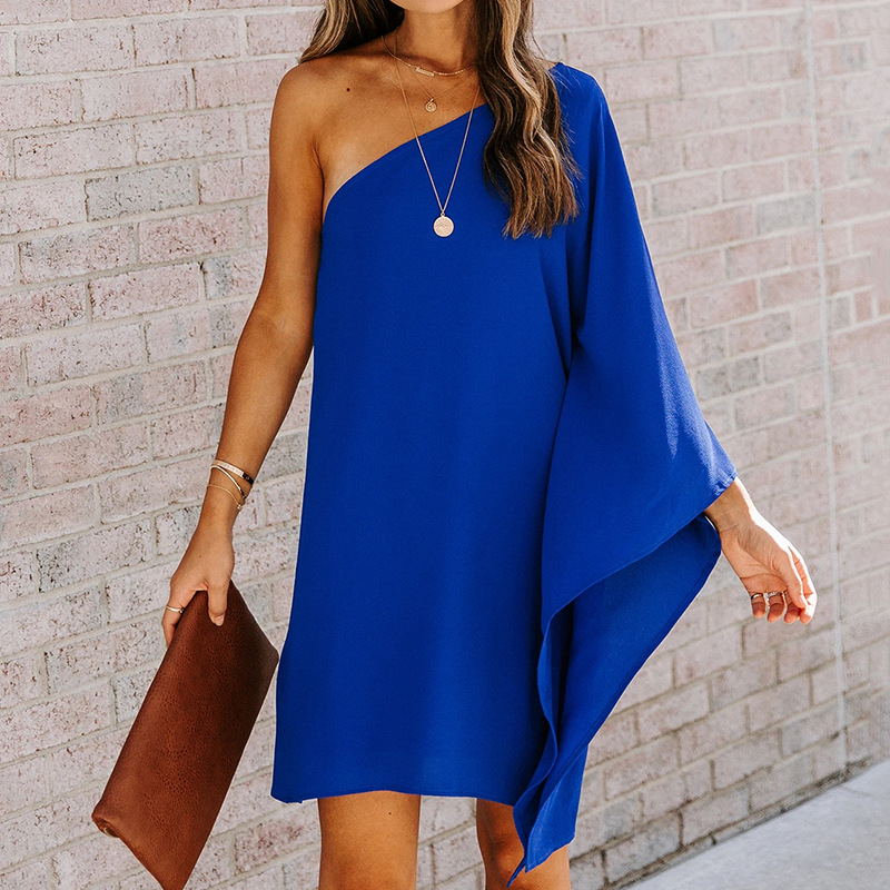 Women's One-Shoulder Open-Back Solid Short Dress Loose Fit