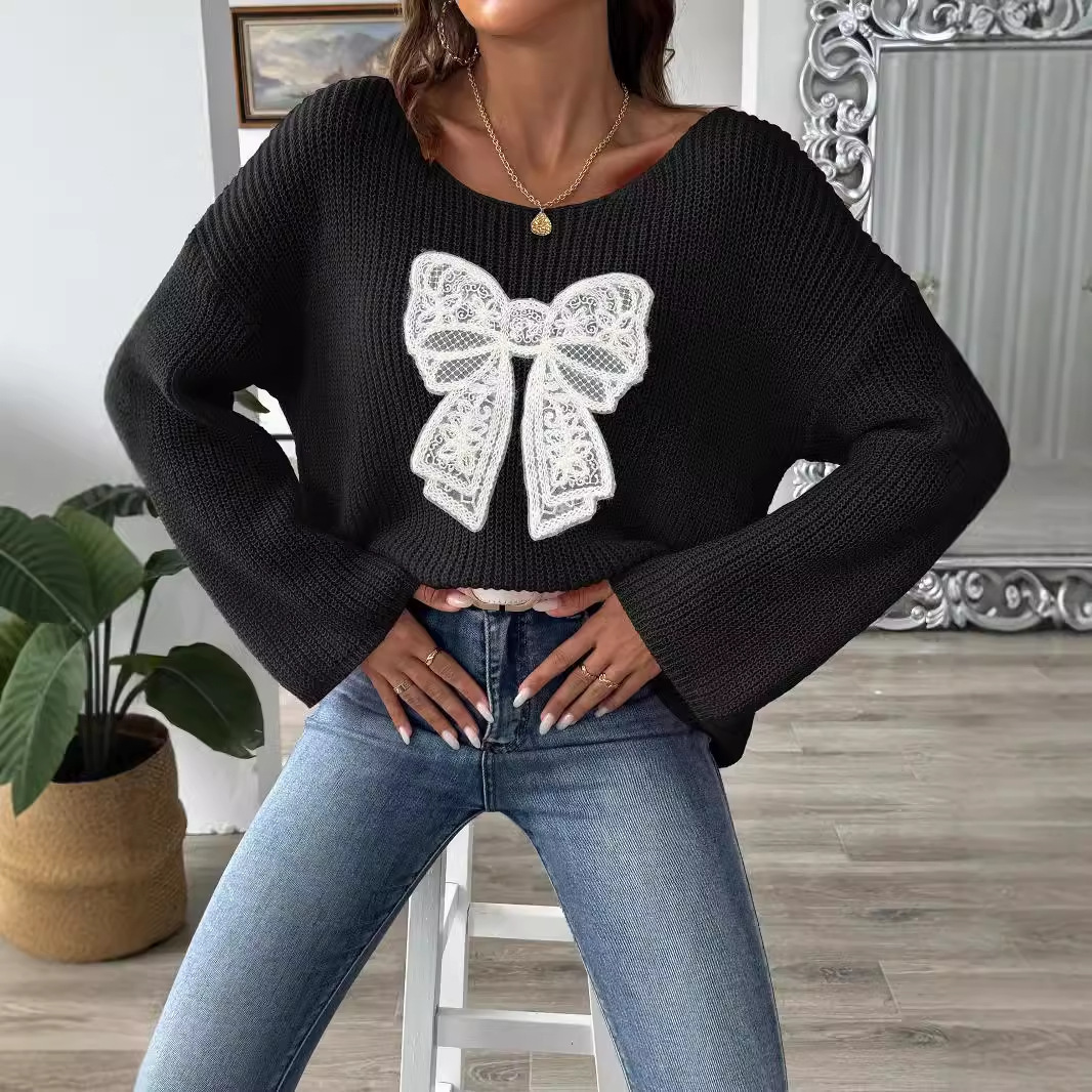 Women's Bow Embroidered Off-Shoulder Bell Sleeve Sweater