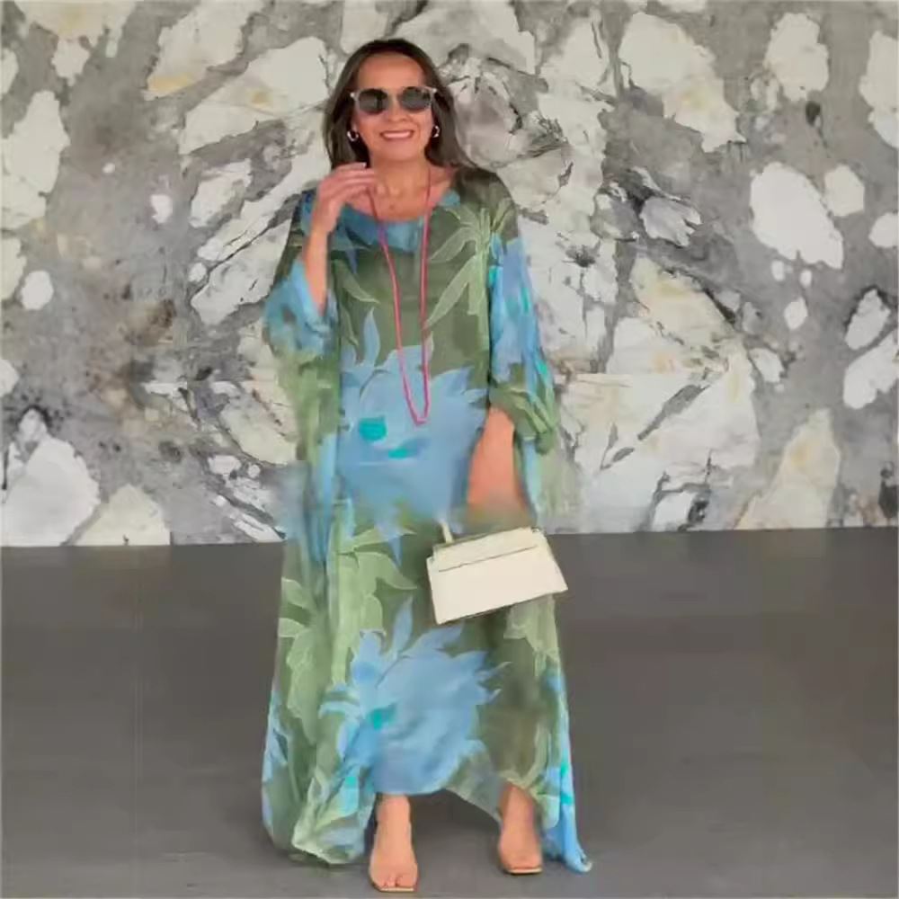 Floral Print Round Neck Long Sleeve A-Line Dress