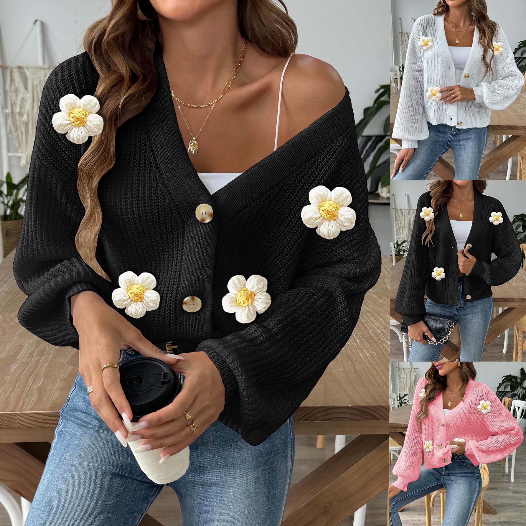 Women's Cropped Cardigan Sweater with Hand-Crochet Floral Appliqué and Button Front