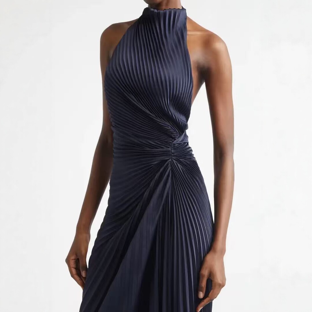 Navy Stand-Collar Halter Pleated Long Dress with Twist-Front Waist