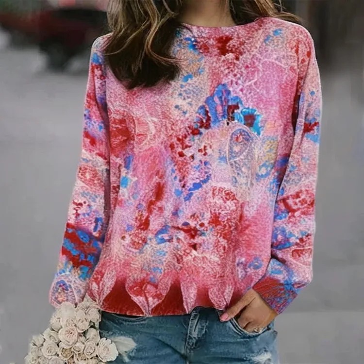 3D Print Women's Sweater Crewneck Pullover Casual Loose Long Sleeve Knit Top