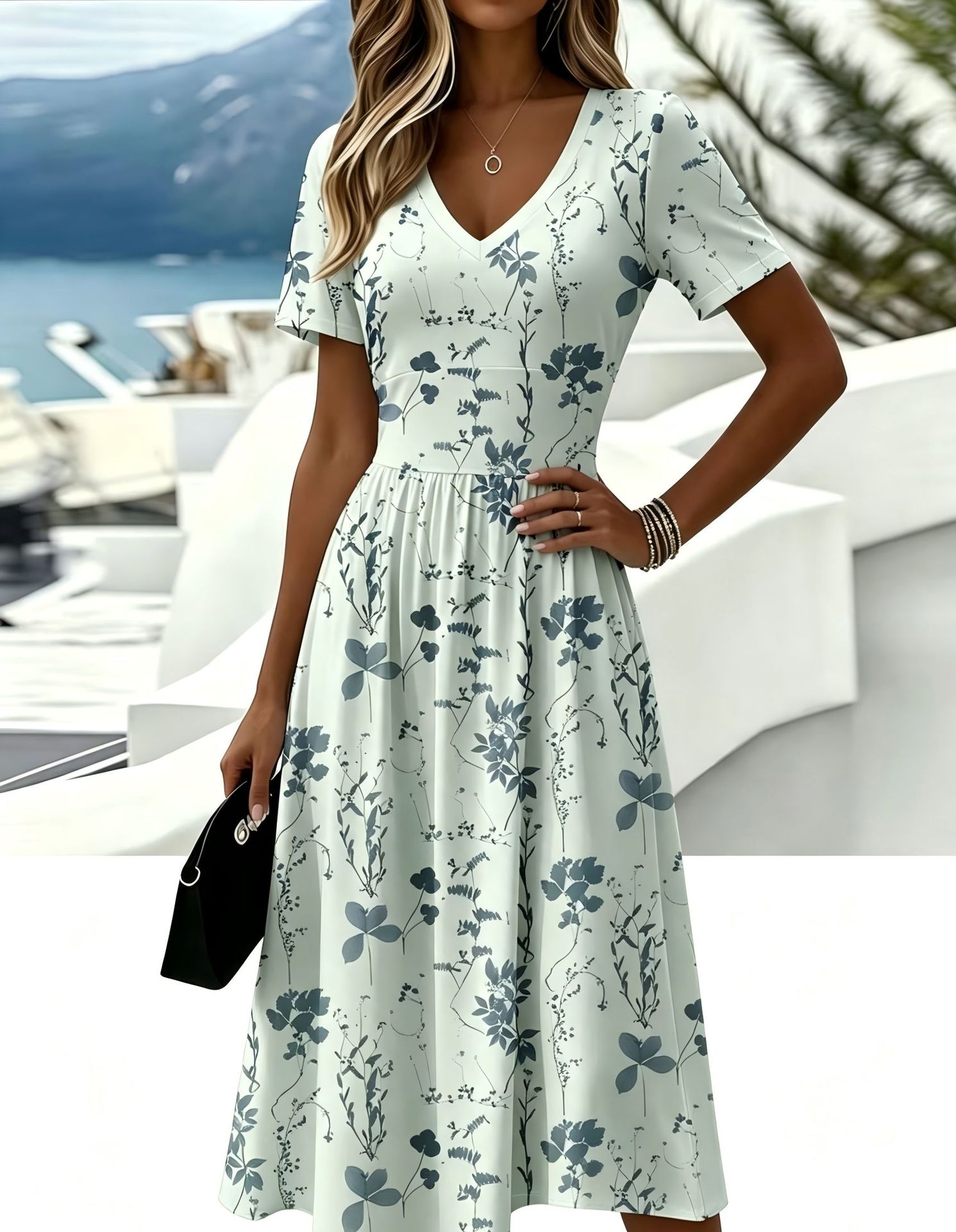 Women's Floral Leaf Print Casual Midi Dress with Deep V-Neck and Short Sleeves