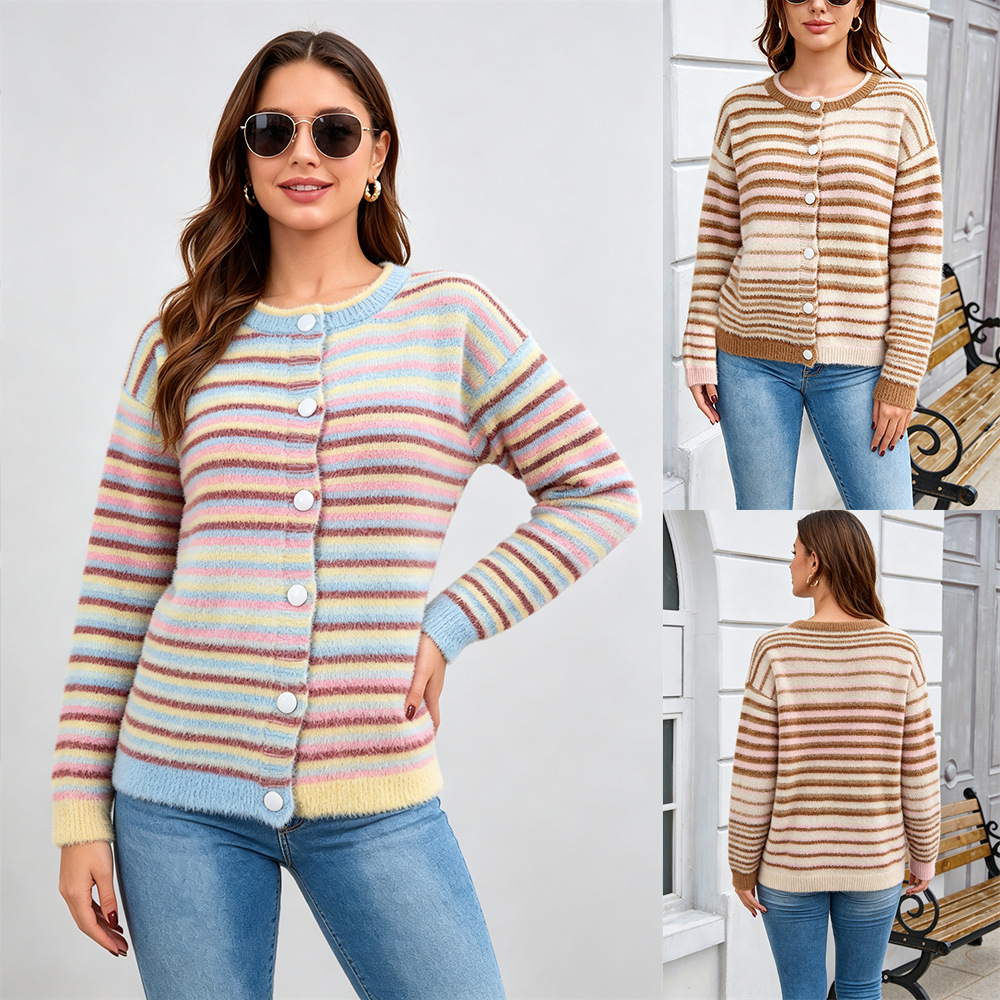 Rainbow Striped Knit Cardigan Sweater