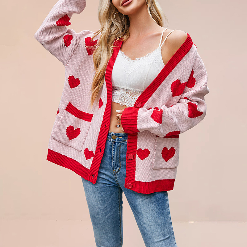 Heart Jacquard V-Neck Cardigan with Pockets