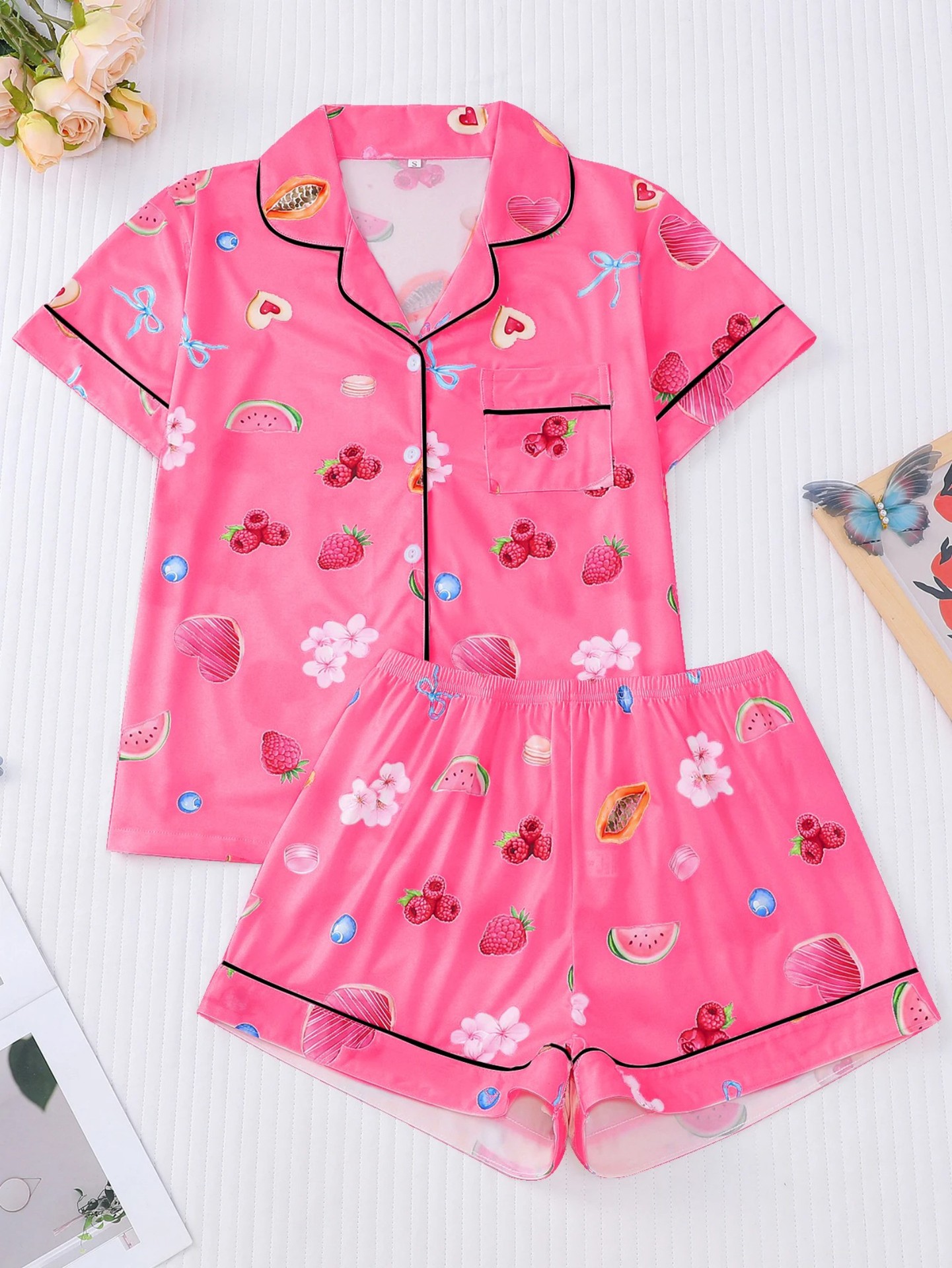 Women's Cuban Collar Fruit Print Shirt Set Casual Loungewear