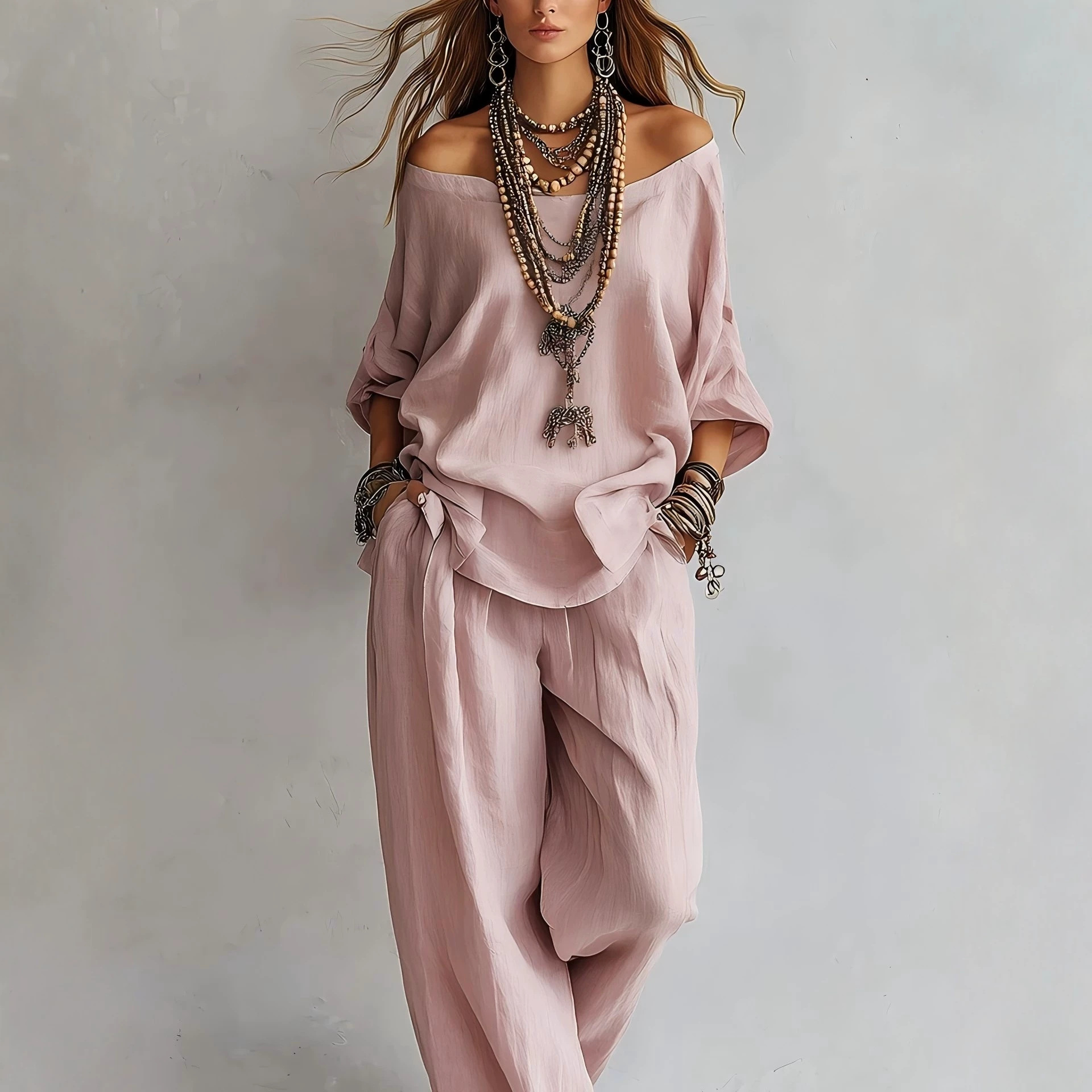 Off-Shoulder Two-Piece Set with Batwing Sleeve Top and High-Waist Wide-Leg Pants