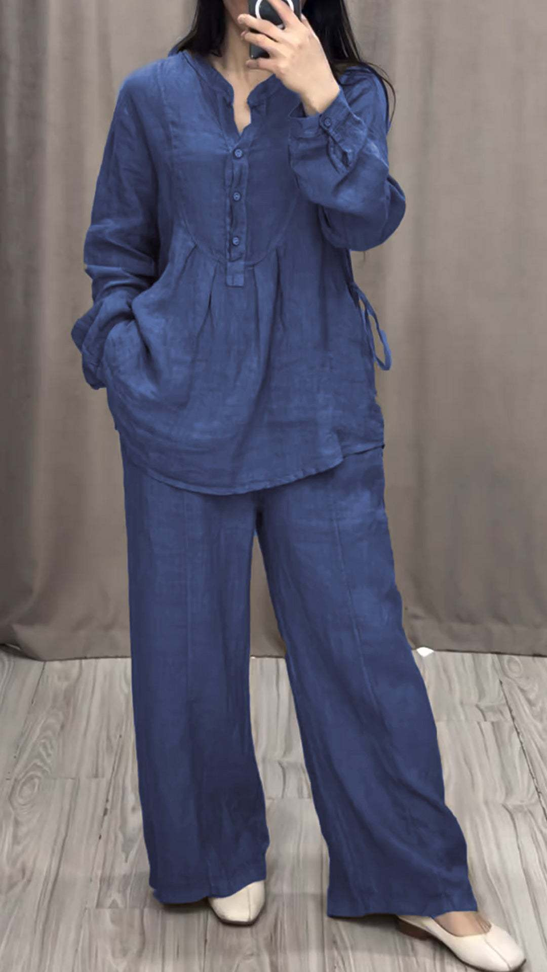 Cotton-Linen Long-Sleeve Half-Placket Pleated Wide-Leg Pants Set