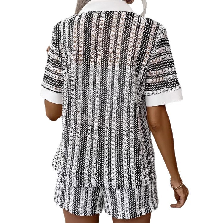 Striped Knit Collared Cardigan and Shorts Set