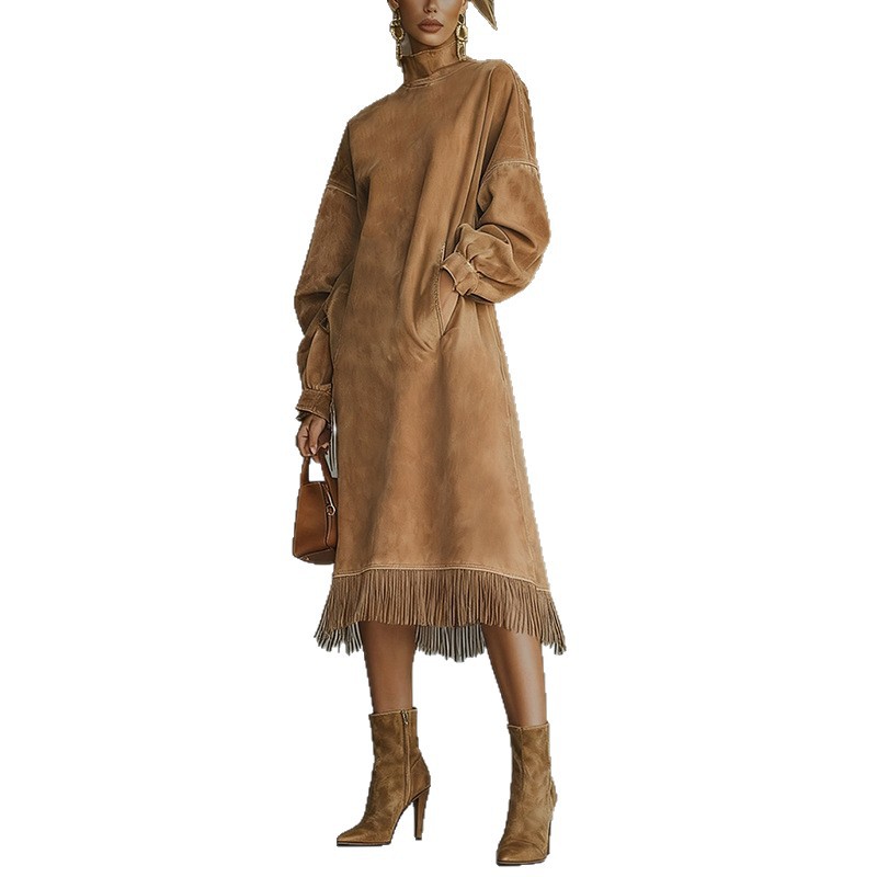 High Neck Faux Suede Loose Fringe Pocket Long Sleeve Dress