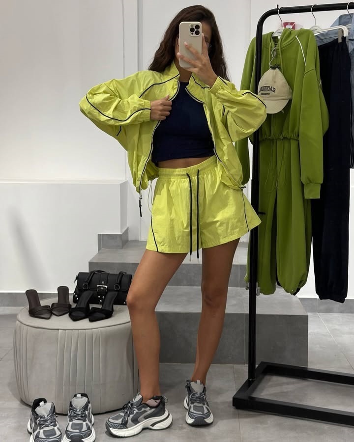 Retro Striped Long-Sleeve Zip Cardigan and Tie Shorts Two-Piece Set