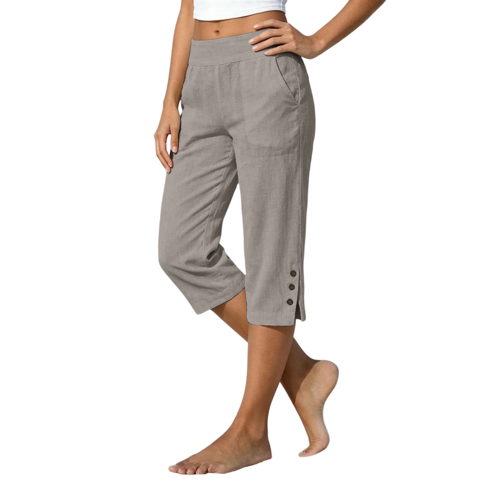 2026 Summer Women's Cotton-Linen Capri Pants High Waist Loose Straight Leg Slit Button Casual Pants Cross-Border Women's