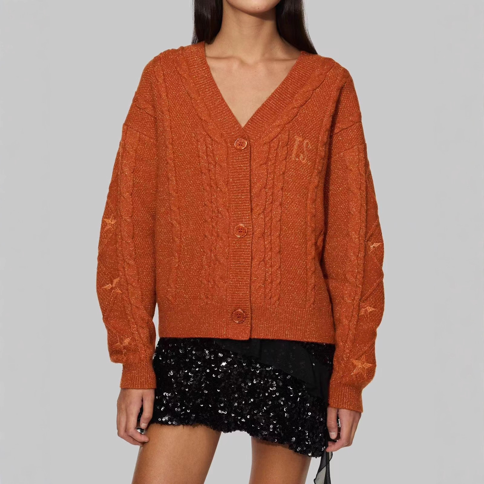 Orange Star Embroidered Cardigan Sweater