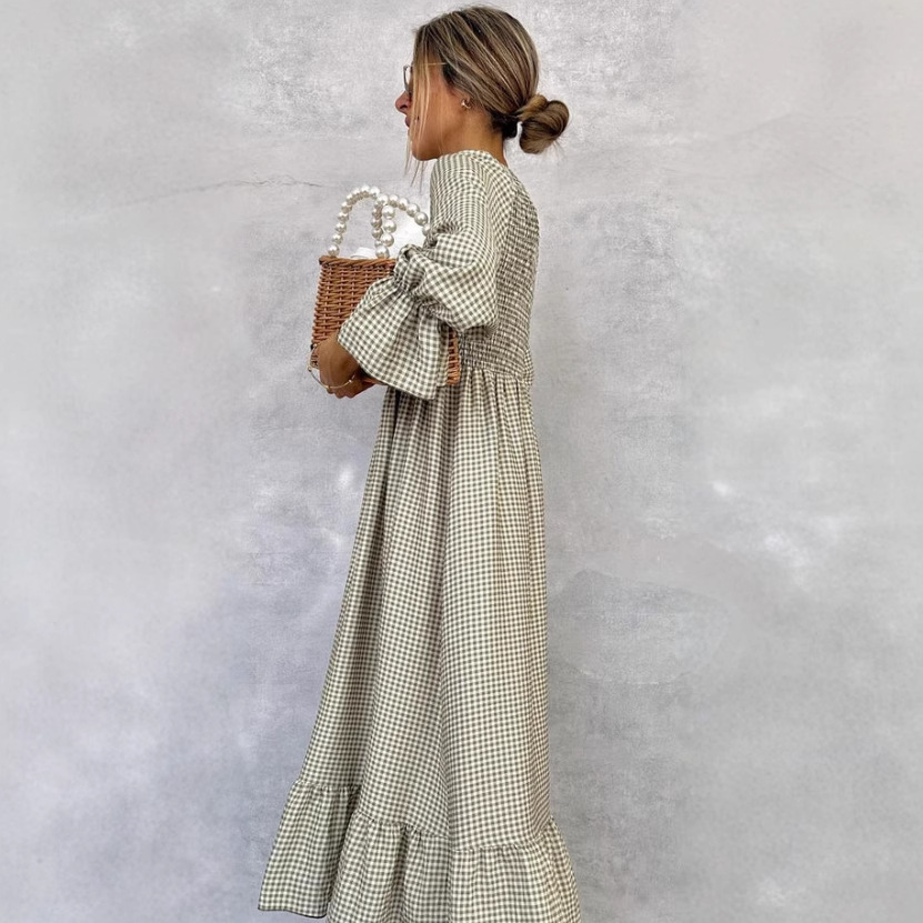 Puff Sleeve Plaid Long Dress