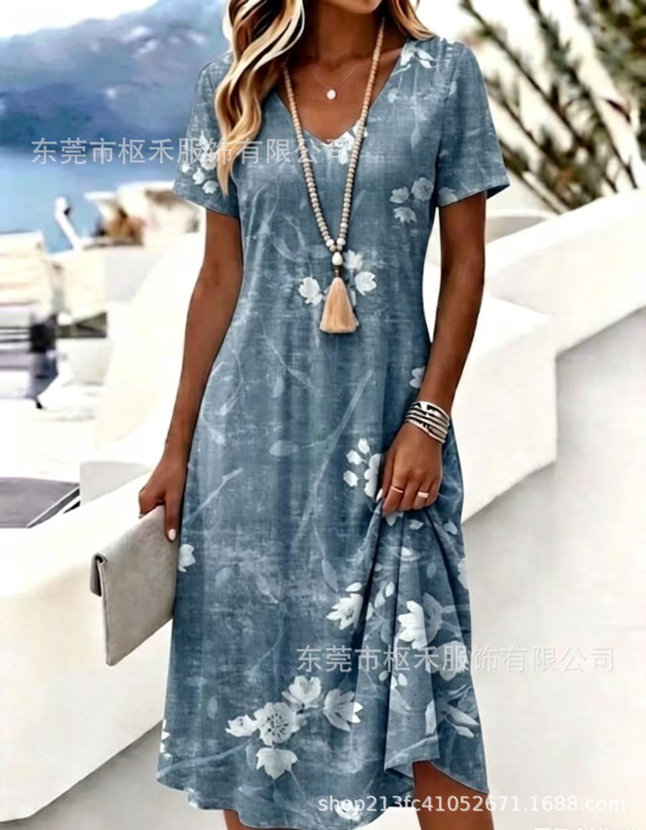 Women's Vintage Blue Print V-Neck Short Sleeve Midi Dress