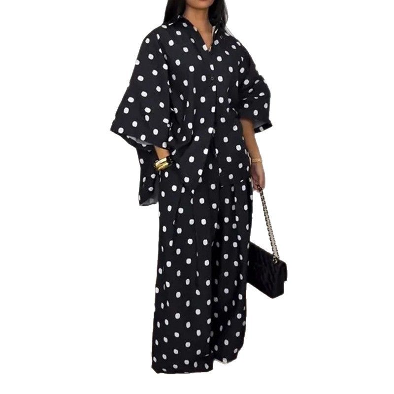 Women's Retro Polka Dot Loose Shirt & Wide-Leg Pants Two-Piece Set