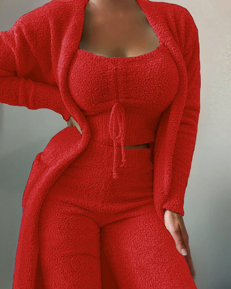 Women's Plush 3-Piece Tie Lounge Set with Pockets