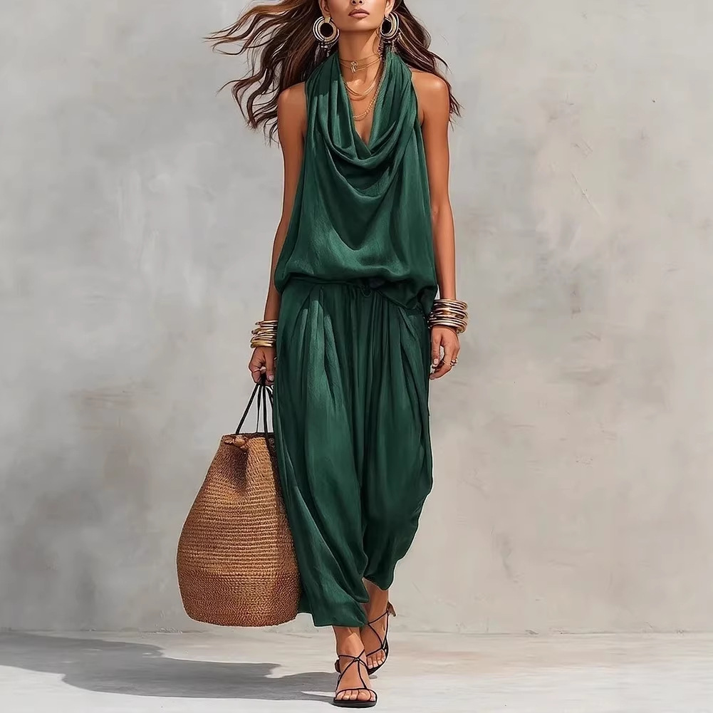 Elegant Draped-Neck Tank Top and Pants Set