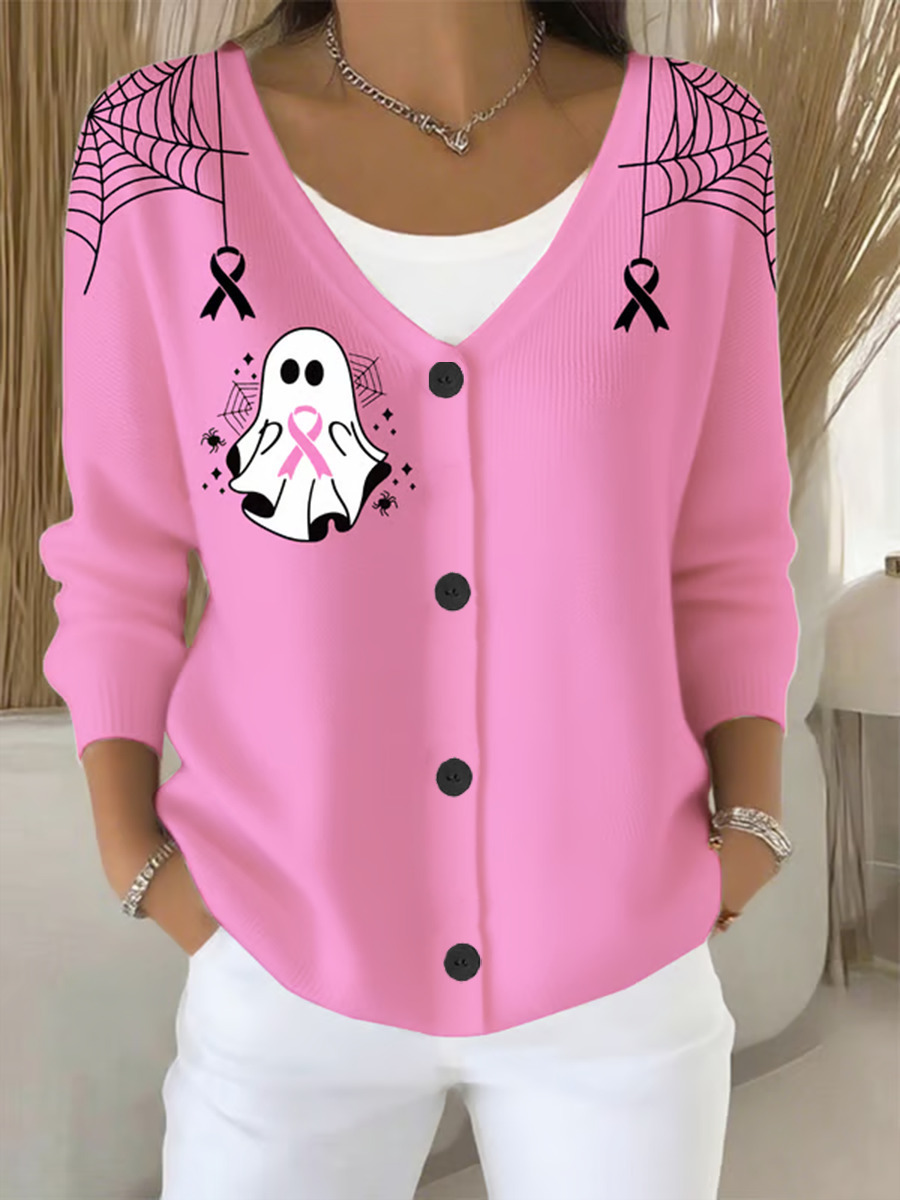 Women's Pet Print Ribbon Ghost Button Cardigan Sweater