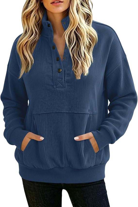Solid Color Button-Front Long-Sleeve Hoodie with Pockets