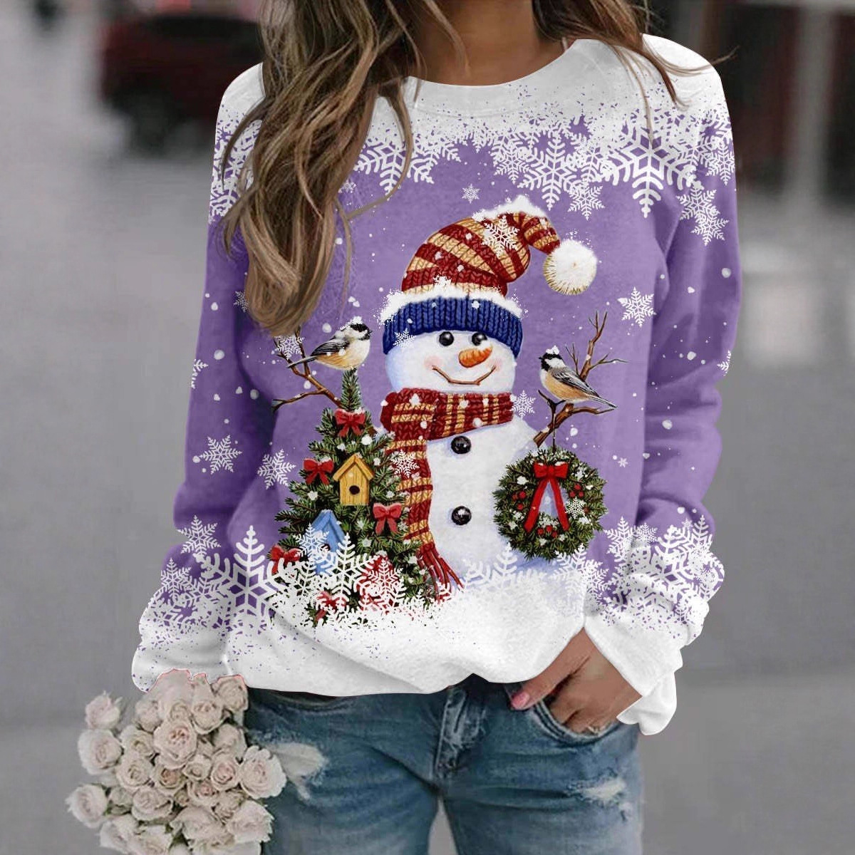 Women's Christmas Snowman Snowflake Print Crewneck Sweatshirt