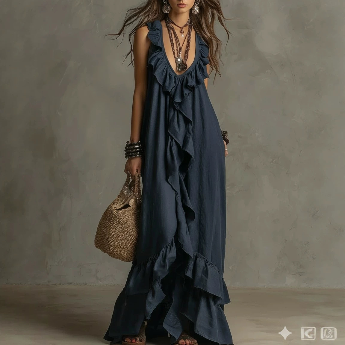 Boho V-Neck Ruffle Sleeveless A-Line Maxi Dress