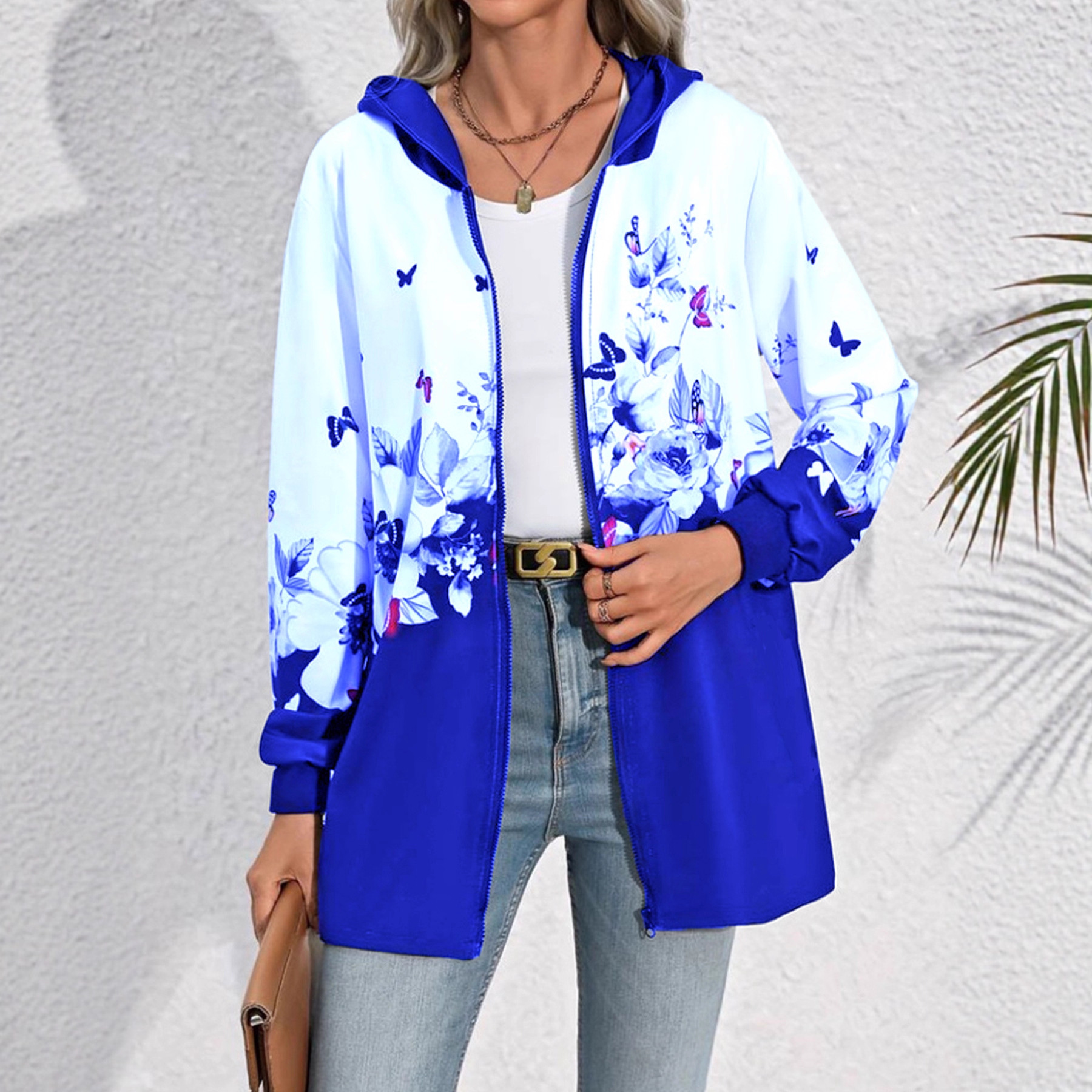 Women's Casual Printed Zip-Up Hooded Mid-Length Jacket