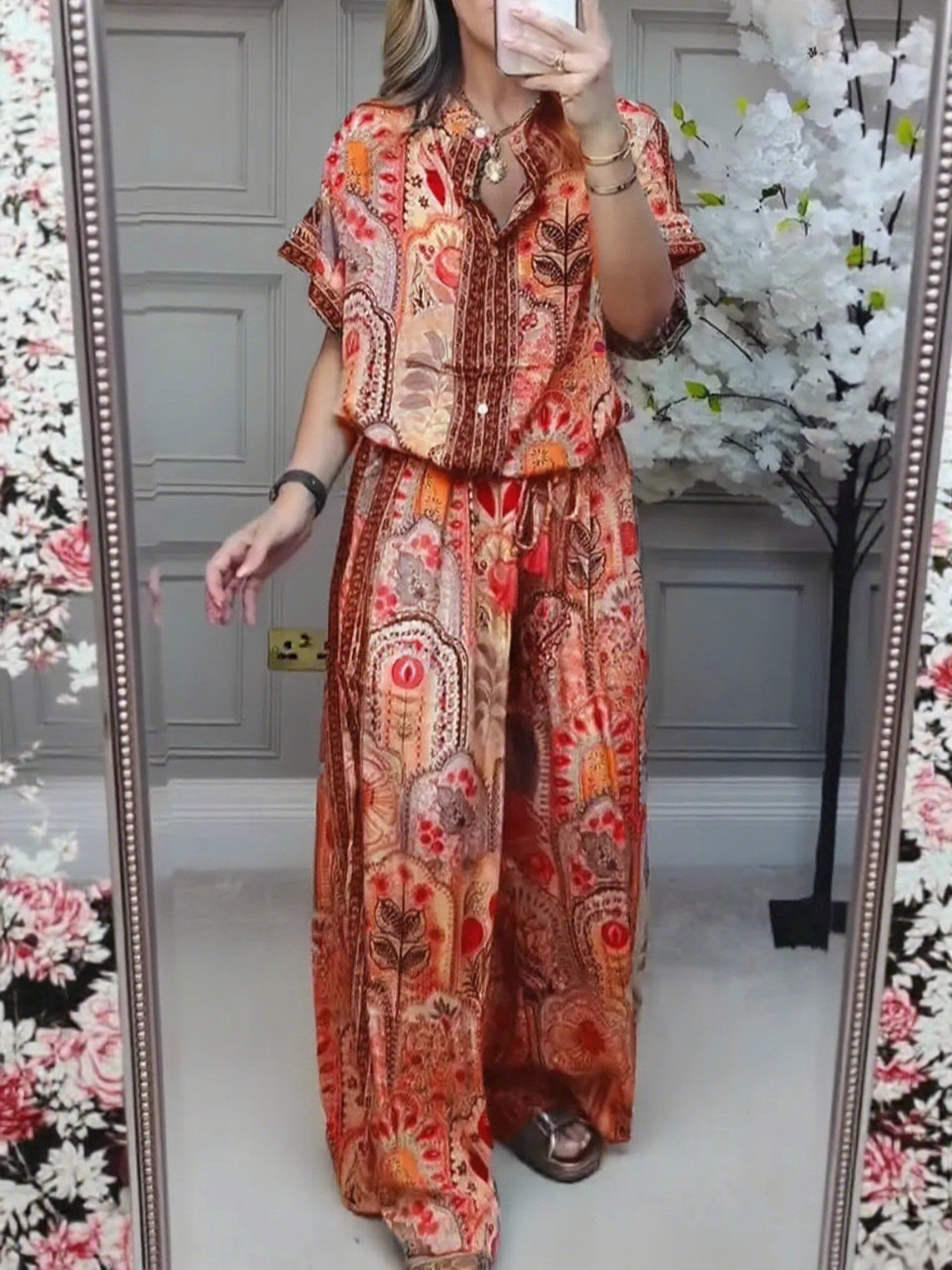 Women's Casual Print Button-Front Cardigan Top & Wide-Leg Pants Two-Piece Set