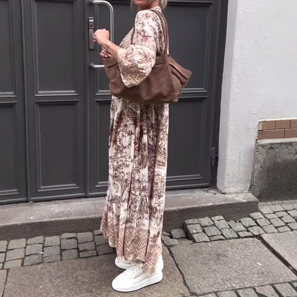 Floral Tie-Dye Print Bell Sleeve Long Dress