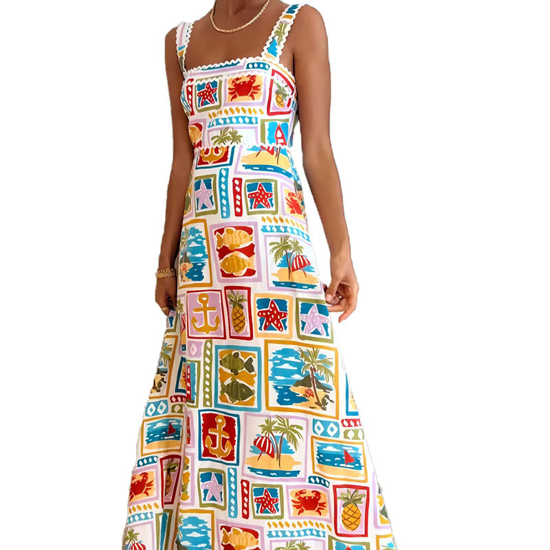 Women's Graffiti Print Sleeveless Maxi Dress Square Neck