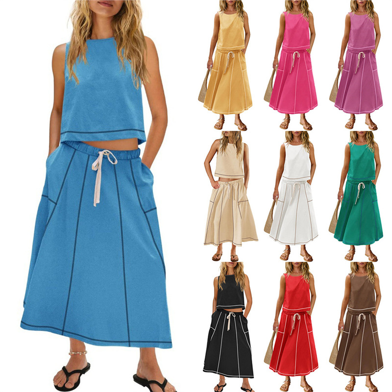 Women's Sleeveless Tank Top and Midi Skirt Two-Piece Set Colorblock