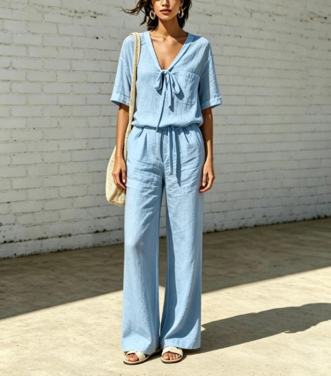 Women's Summer V-Neck Half-Sleeve Tie-Waist Casual Pants Set