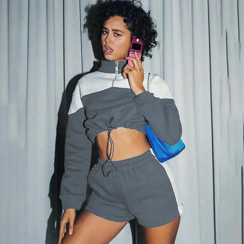 Women's Colorblock Drawstring Shorts & Sweatshirt Two-Piece Set