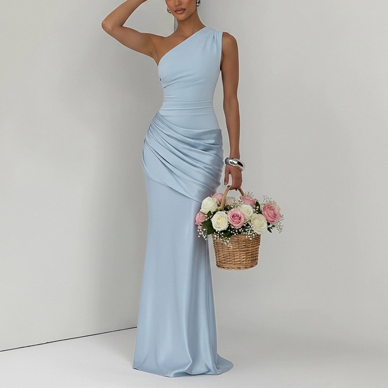 Women's One-Shoulder Bodycon Midi Dress Ruched Elegant Party Dress