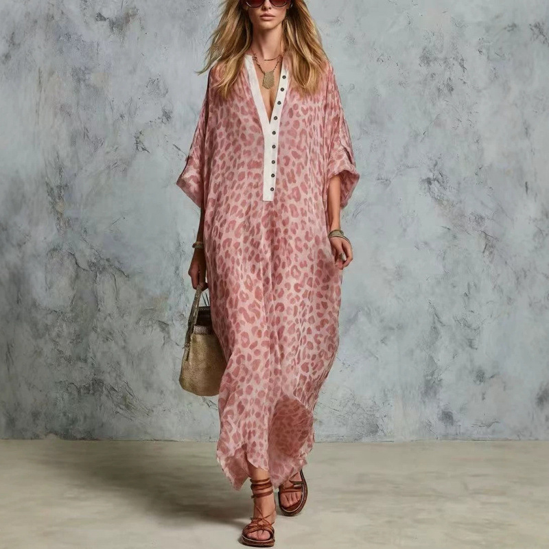 Women's Casual Loose V-Neck Long Leopard Print Dress