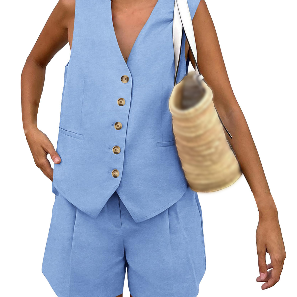 V-Neck Single-Breasted Sleeveless Vest and Shorts Casual Set