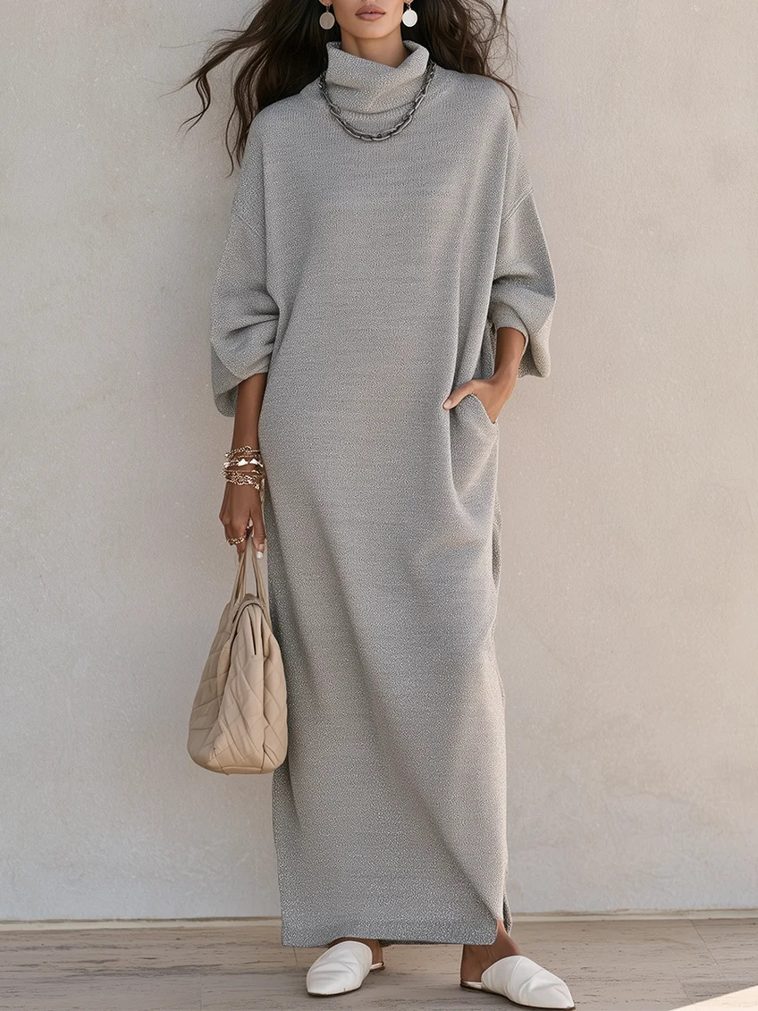 Solid Color Long Sleeve Split Hem A-Line Dress