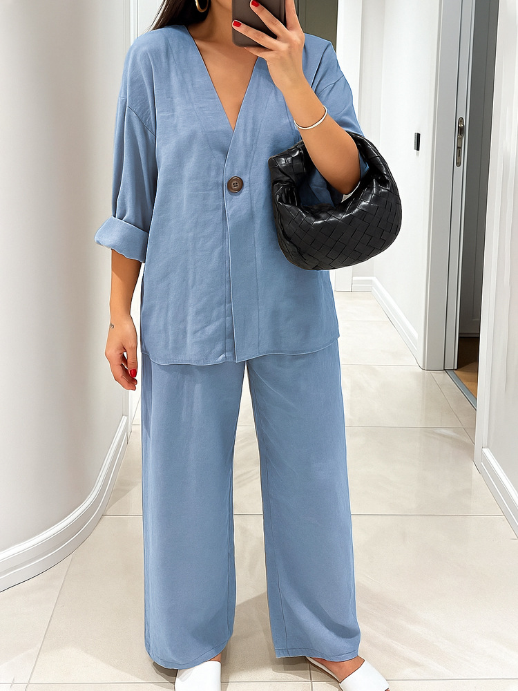 Women's Casual V-Neck One-Button Cardigan and Pants Set